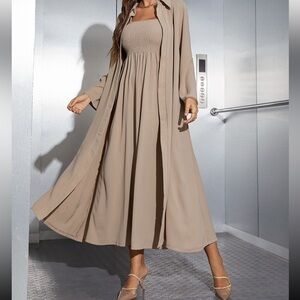 SHEIN MULVARI shirred Cami dress and open front coat Modest Style Long dress